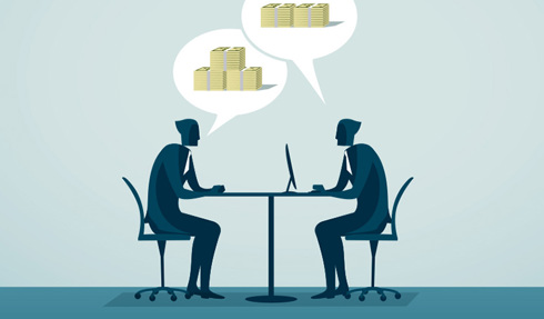 Two people at a table with thought bubbles filled with different amounts of money.