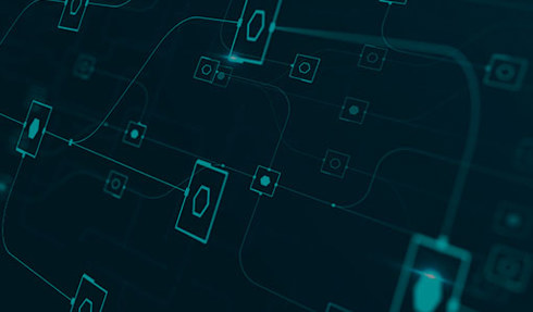 Abstract blue network diagram showing interconnected nodes and pathways connected by glowing lines on a dark digital background.