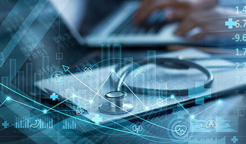 abstract image of data visualization over an image of a stethoscope