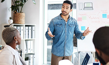 man presenting with product images on flip chart