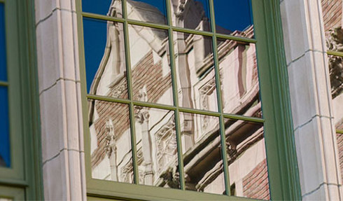 uw campus building reflection in window