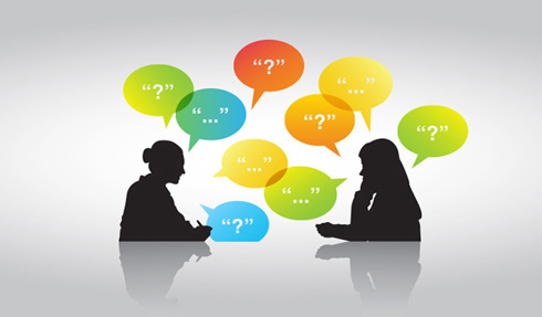 Two people facing each other with question marks in thought bubbles above them.