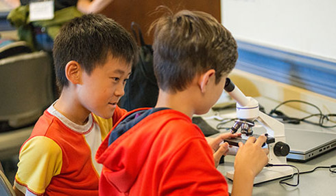 two young boys looking at microscope in lab