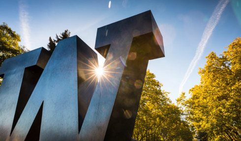 bronze W statue on UW campus